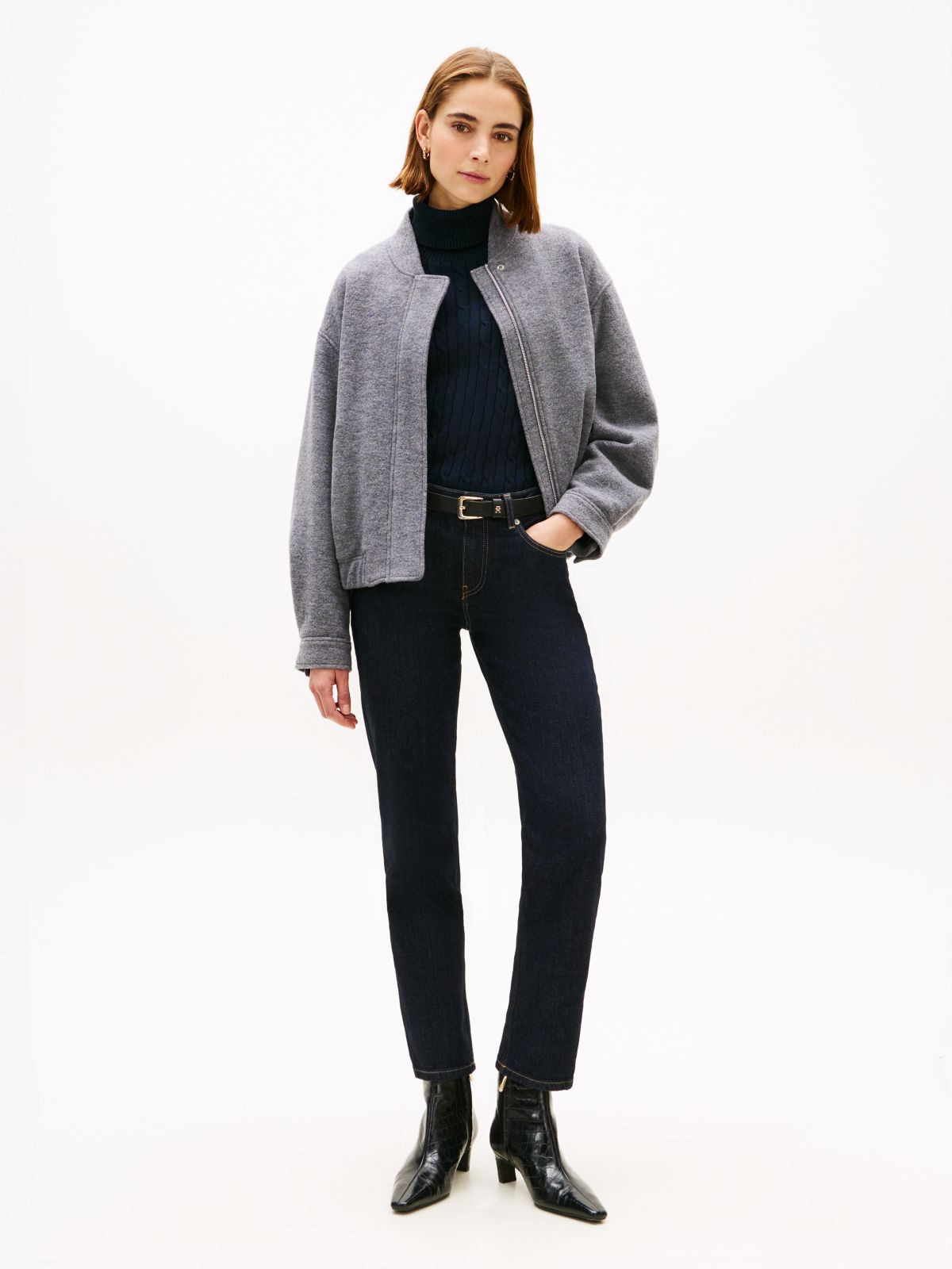 Textured Wool Blend Bomber Jacket — Grey