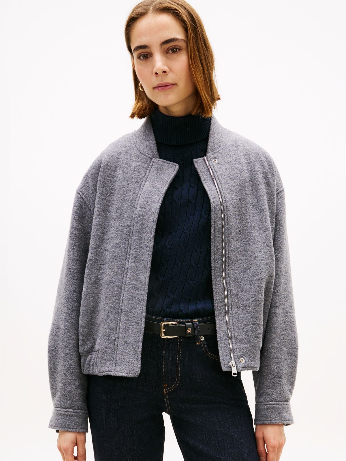Textured Wool Blend Bomber Jacket — Grey