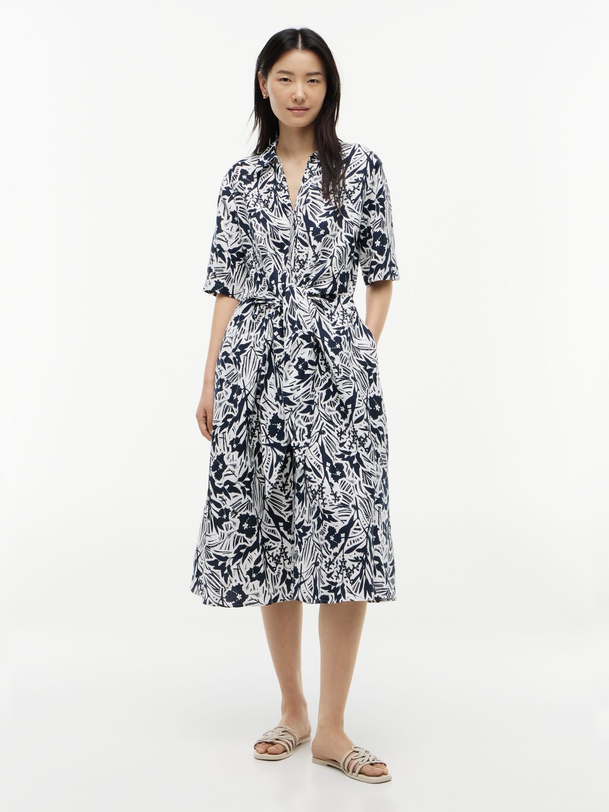Linen Blend Knot Midi Shirt Dress — Multi