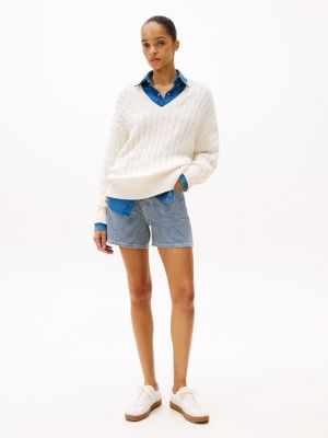 multi stripe flared denim shorts for women tommy hilfiger