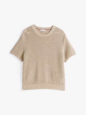 beige gehäkelter pointelle-pullover für damen - tommy hilfiger