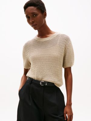 pull en crochet pointelle beige pour femmes tommy hilfiger