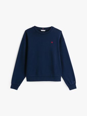 blau sweatshirt mit hilfiger flag und kontrast-logo für damen - tommy hilfiger