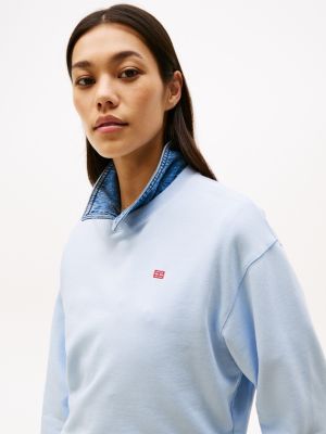 blau sweatshirt mit hilfiger flag und kontrast-logo für damen - tommy hilfiger