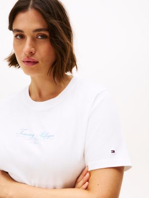 t-shirt curve à logo et col ras-du-cou blanc pour femmes tommy hilfiger