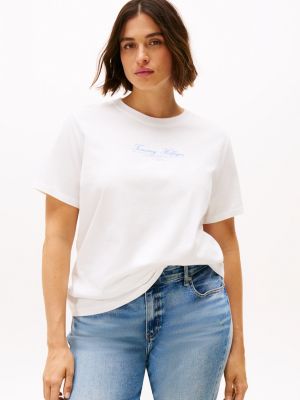 t-shirt curve à logo et col ras-du-cou blanc pour femmes tommy hilfiger