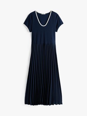 blue curve pleated fit and flare midi dress for women tommy hilfiger