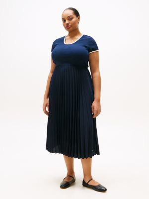 blue curve pleated fit and flare midi dress for women tommy hilfiger