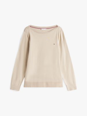 pullover curve sottile con scollatura a barca beige da donne tommy hilfiger