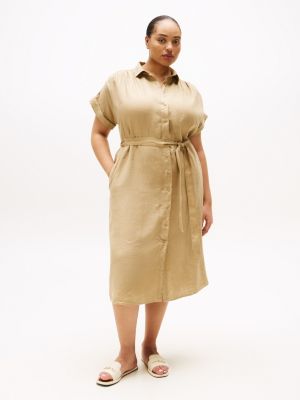 brown curve pure linen midi shirt dress for women tommy hilfiger