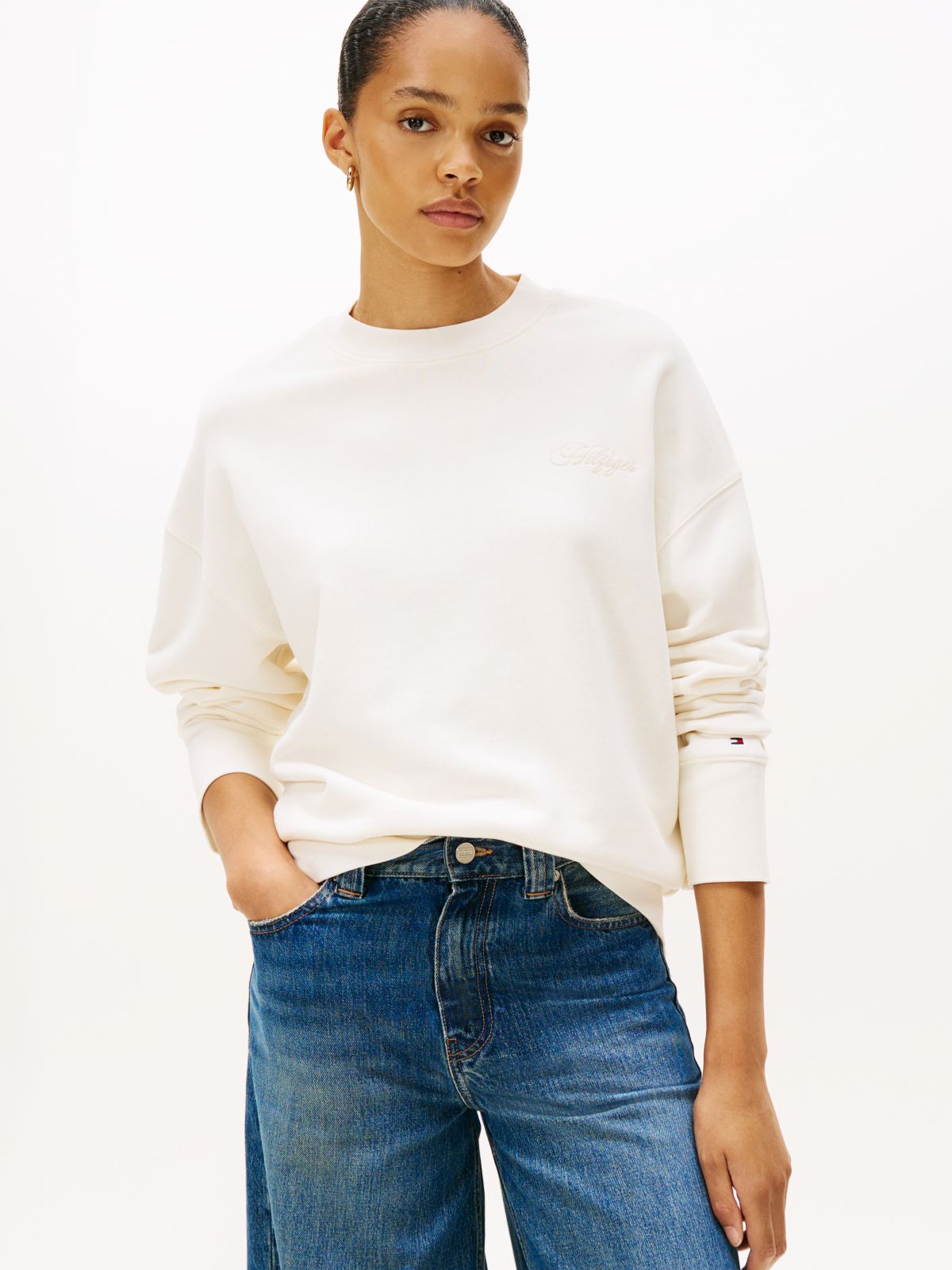 Logo Embroidery Relaxed Fit Sweatshirt — Beige
