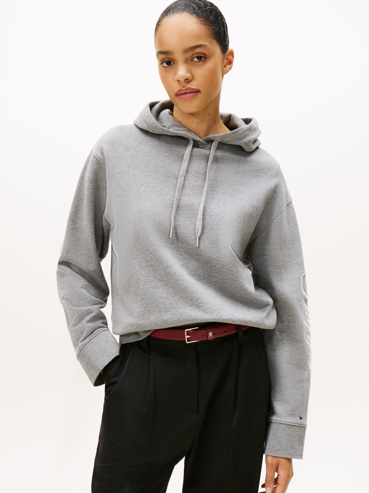 Logo Embroidery Drawstring Hoody — Grey