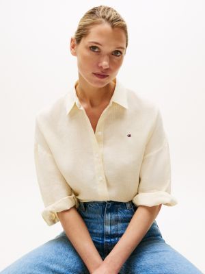 blouse décontractée en pur lin beige pour femmes tommy hilfiger