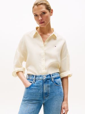 blusa de corte amplio en puro lino beige de mujeres tommy hilfiger