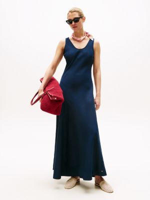 blauw maxi-jurk van linnenmix voor dames - tommy hilfiger