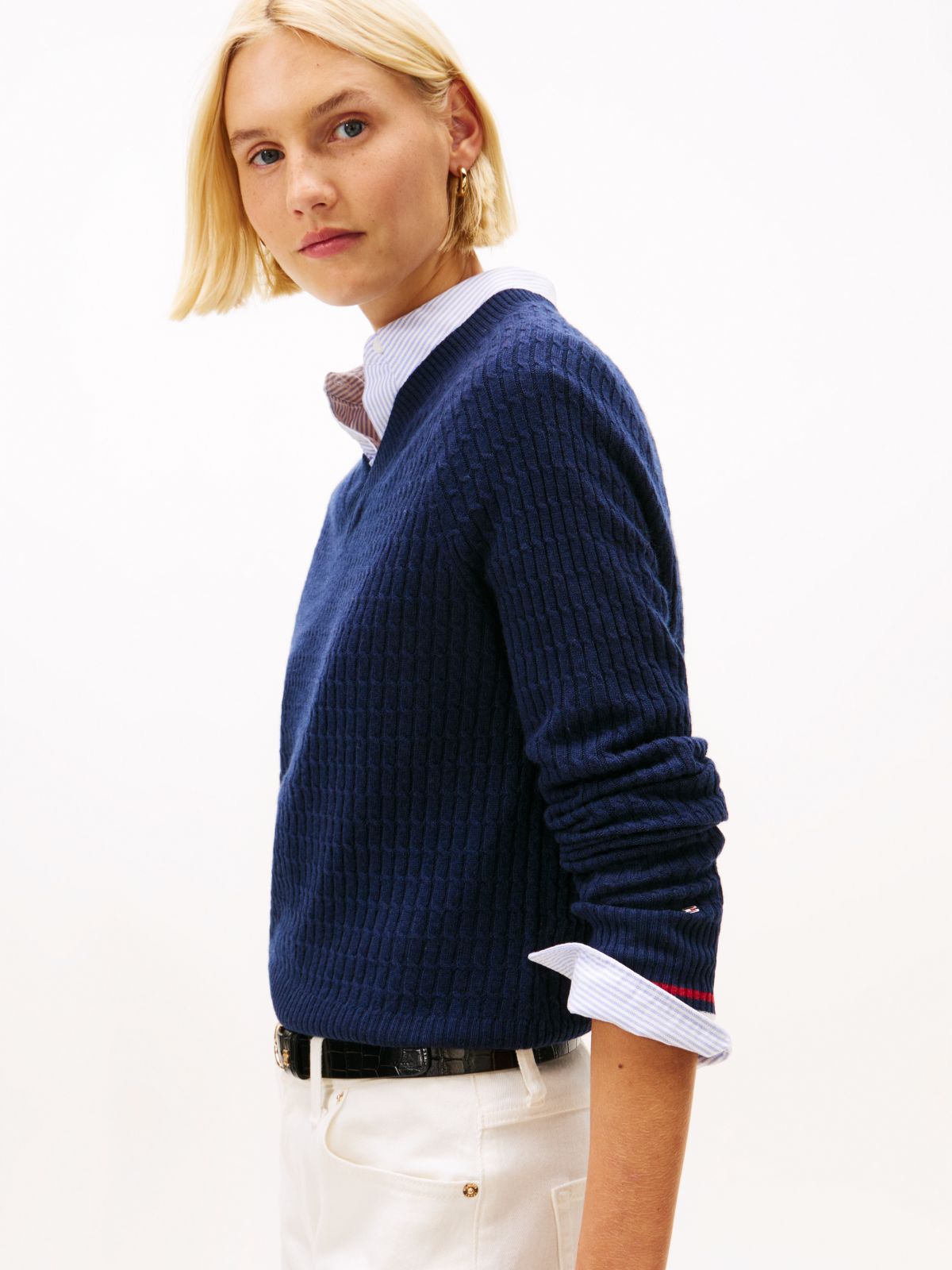 Cable Knit V-Neck Jumper With Cashmere — Blue