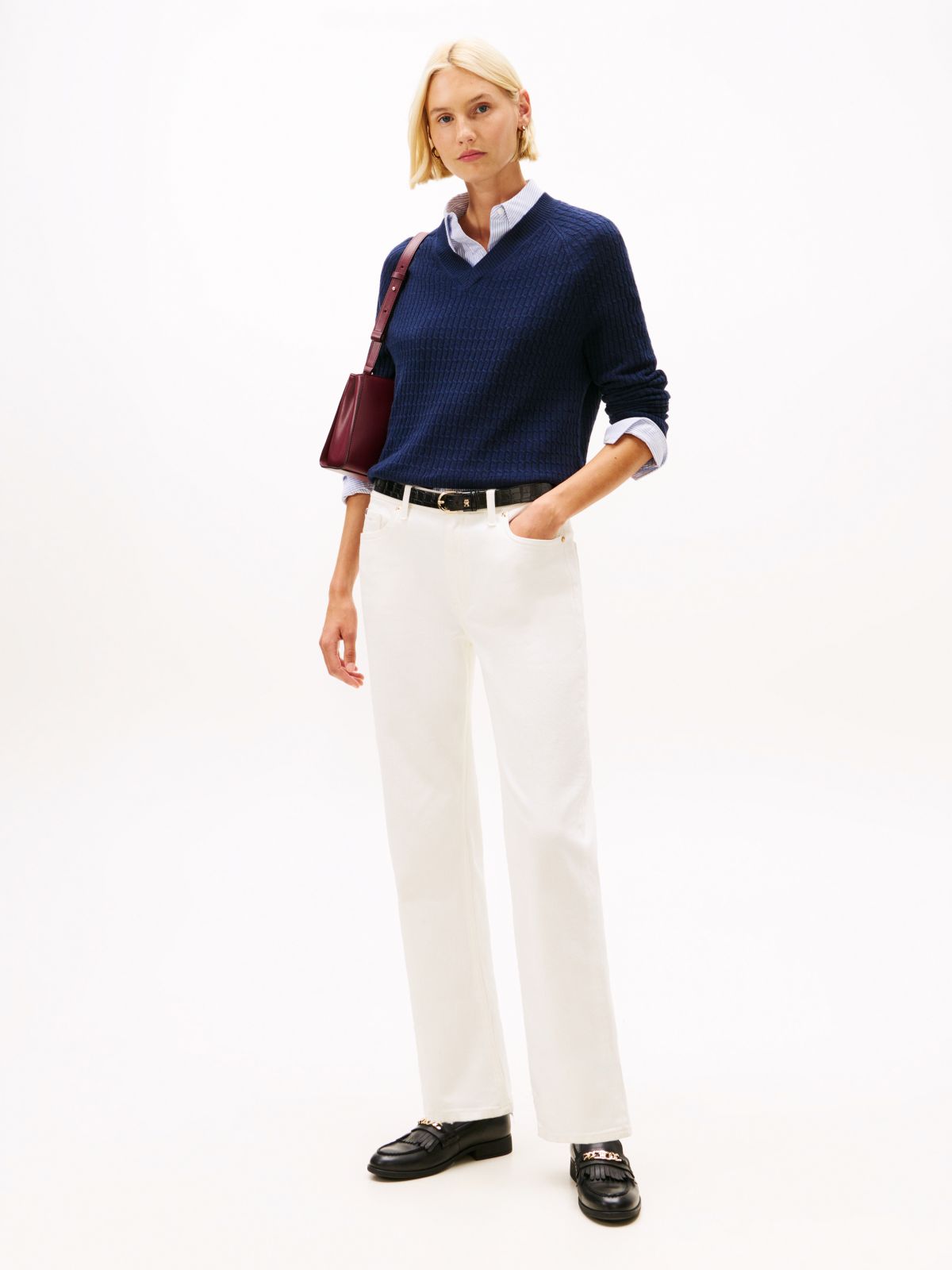 Cable Knit V-Neck Jumper With Cashmere — Blue