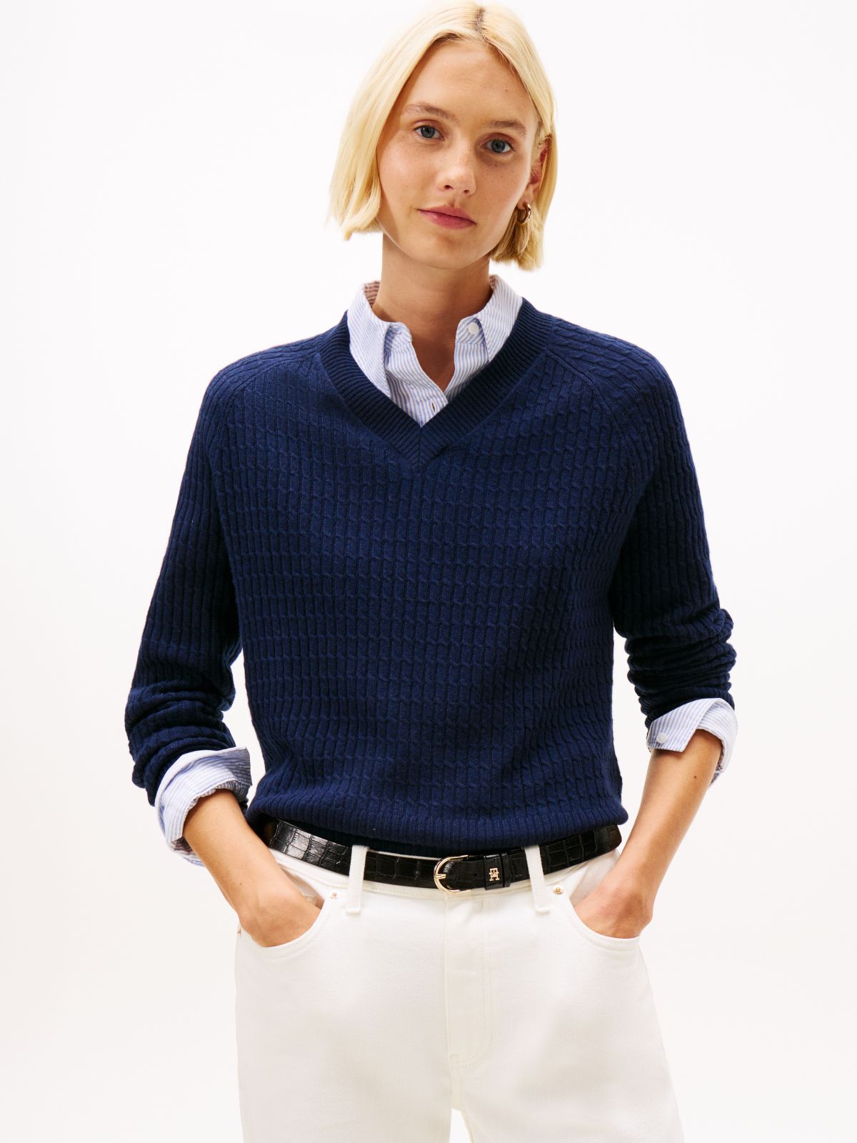 Cable Knit V-Neck Jumper With Cashmere — Blue