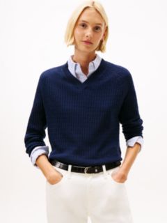 Cable Knit V-Neck Jumper With Cashmere — Blue 1