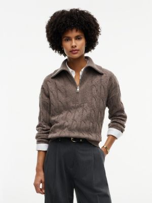 brown pure wool cable knit quarter-zip jumper for women tommy hilfiger
