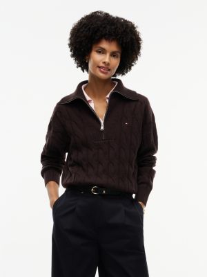 brown pure wool cable knit quarter-zip jumper for women tommy hilfiger
