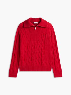 red pure wool cable knit quarter-zip jumper for women tommy hilfiger