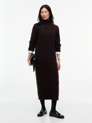 brown strickkleid aus reiner wolle mit zopfmuster für damen - tommy hilfiger