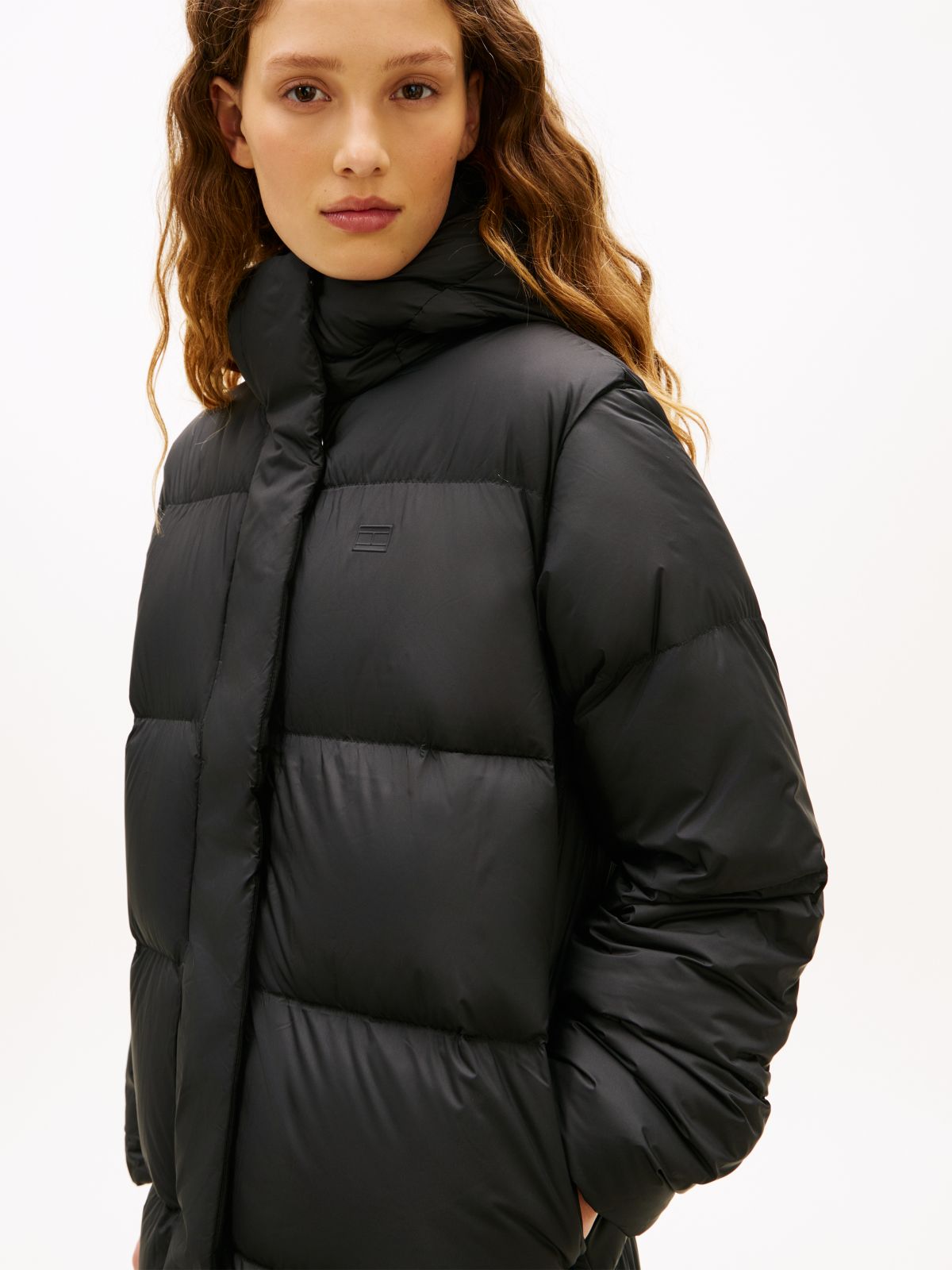 Water Repellent Down Hooded Coat — Black