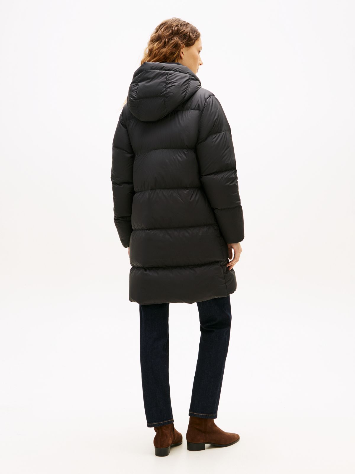 Water Repellent Down Hooded Coat — Black