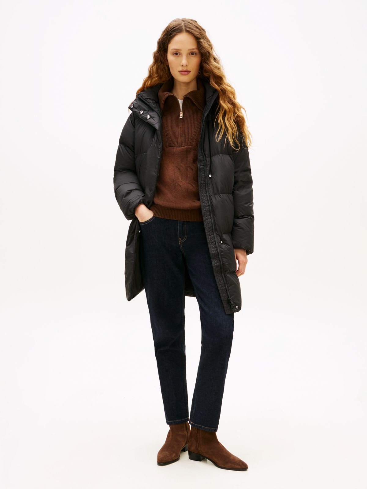 Water Repellent Down Hooded Coat — Black