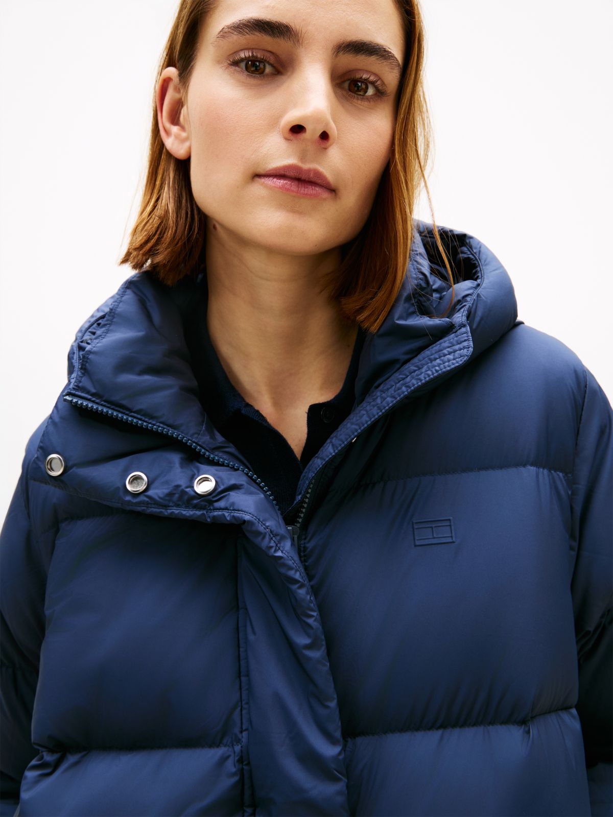Water Repellent Down Hooded Coat — Blue