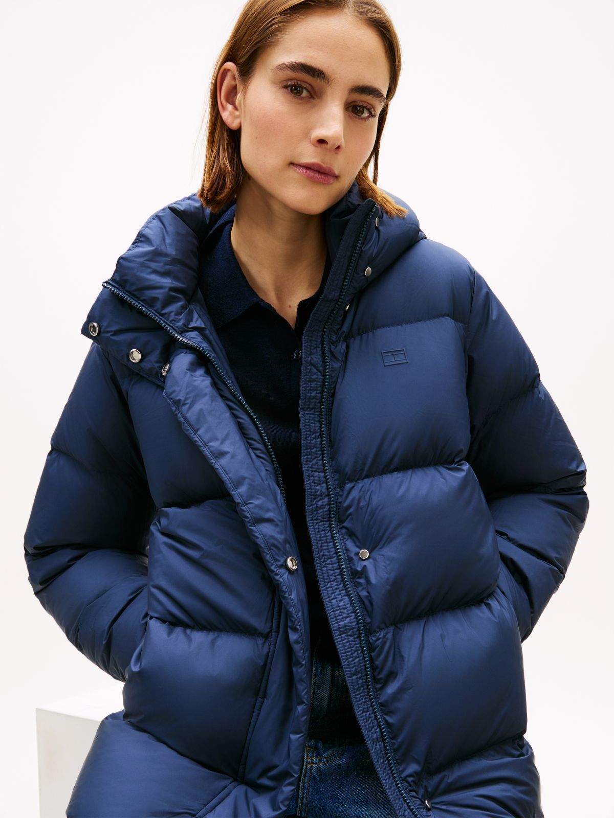 Water Repellent Down Hooded Coat — Blue