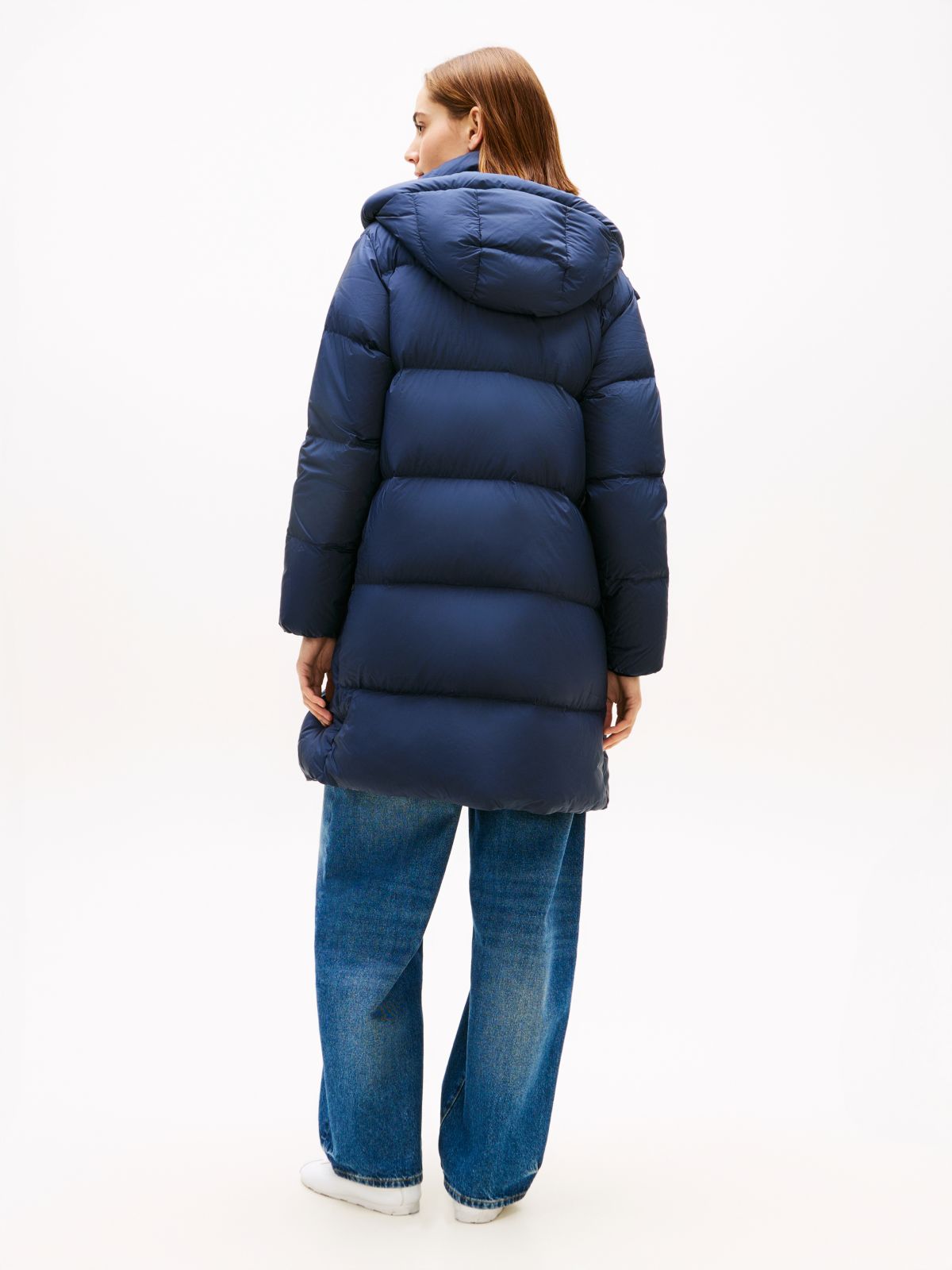 Water Repellent Down Hooded Coat — Blue