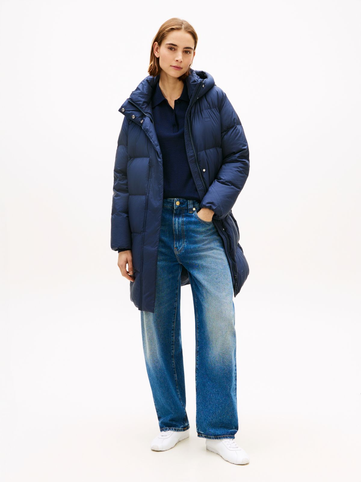 Water Repellent Down Hooded Coat — Blue
