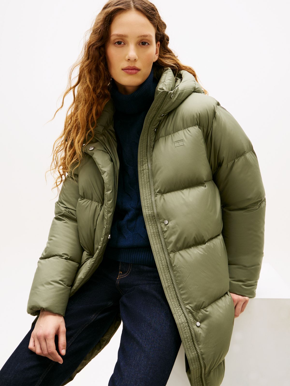 Water Repellent Down Hooded Coat — Green