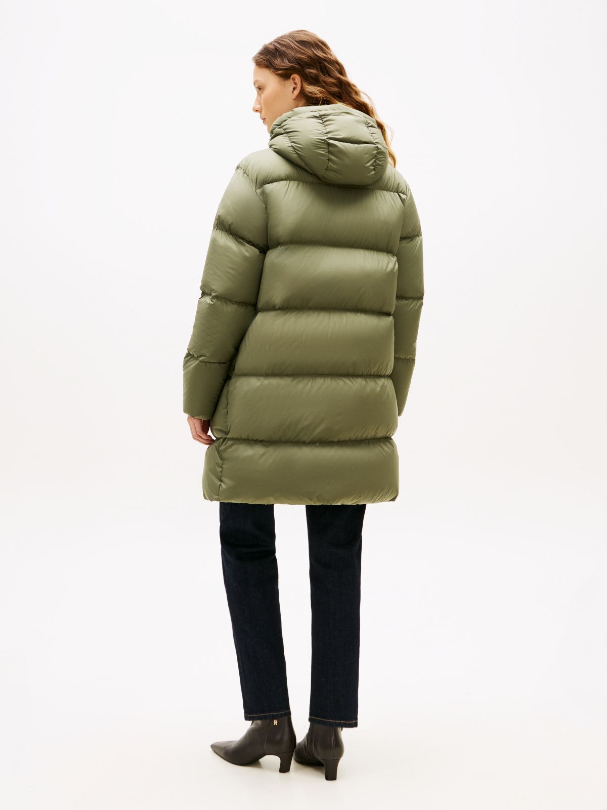 Water Repellent Down Hooded Coat — Green