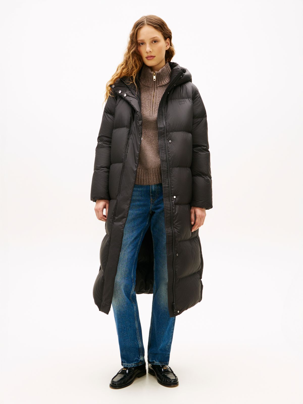 Down Hooded Longline Puffer Coat — Black