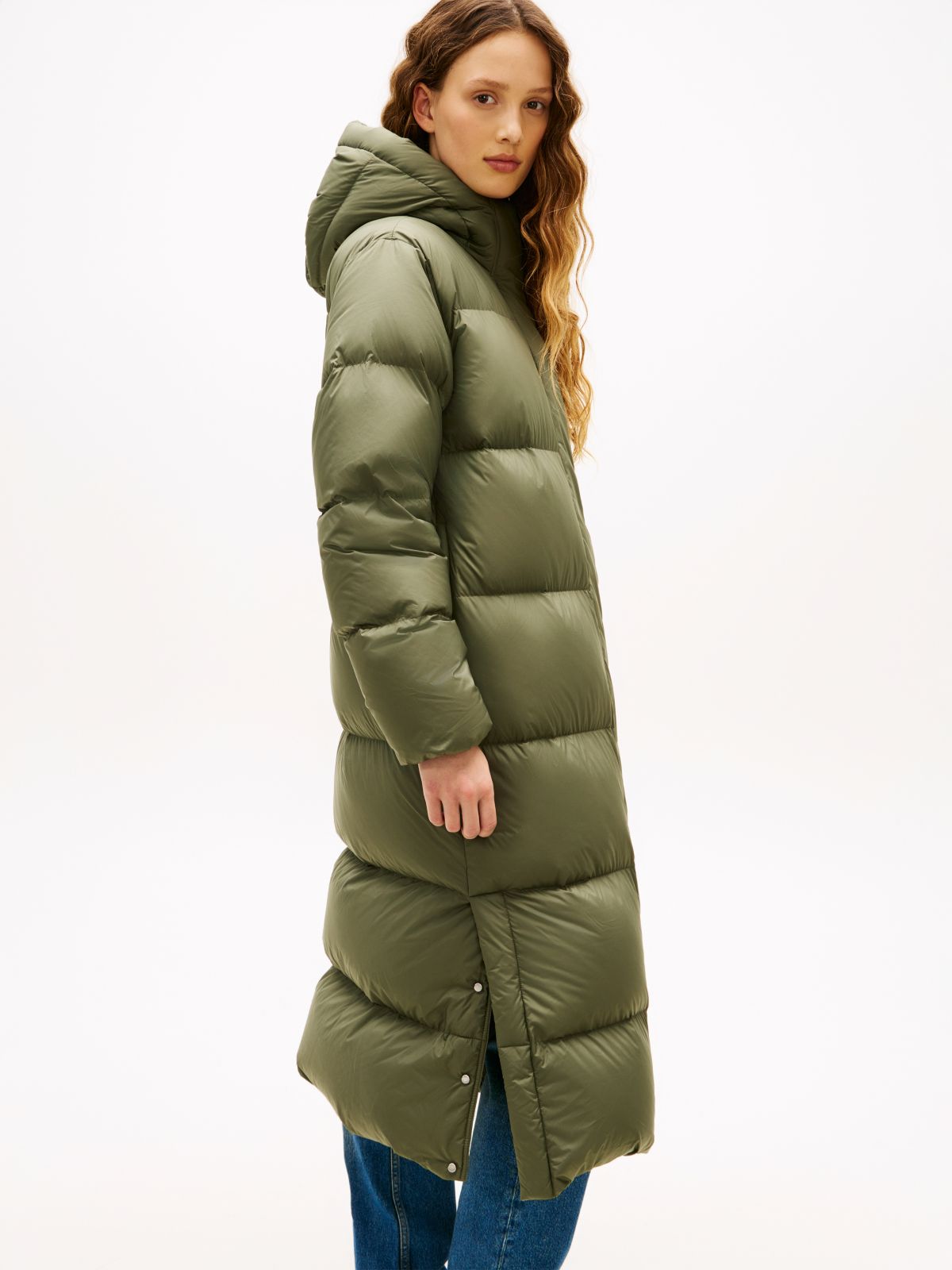 Down Hooded Longline Puffer Coat — Green