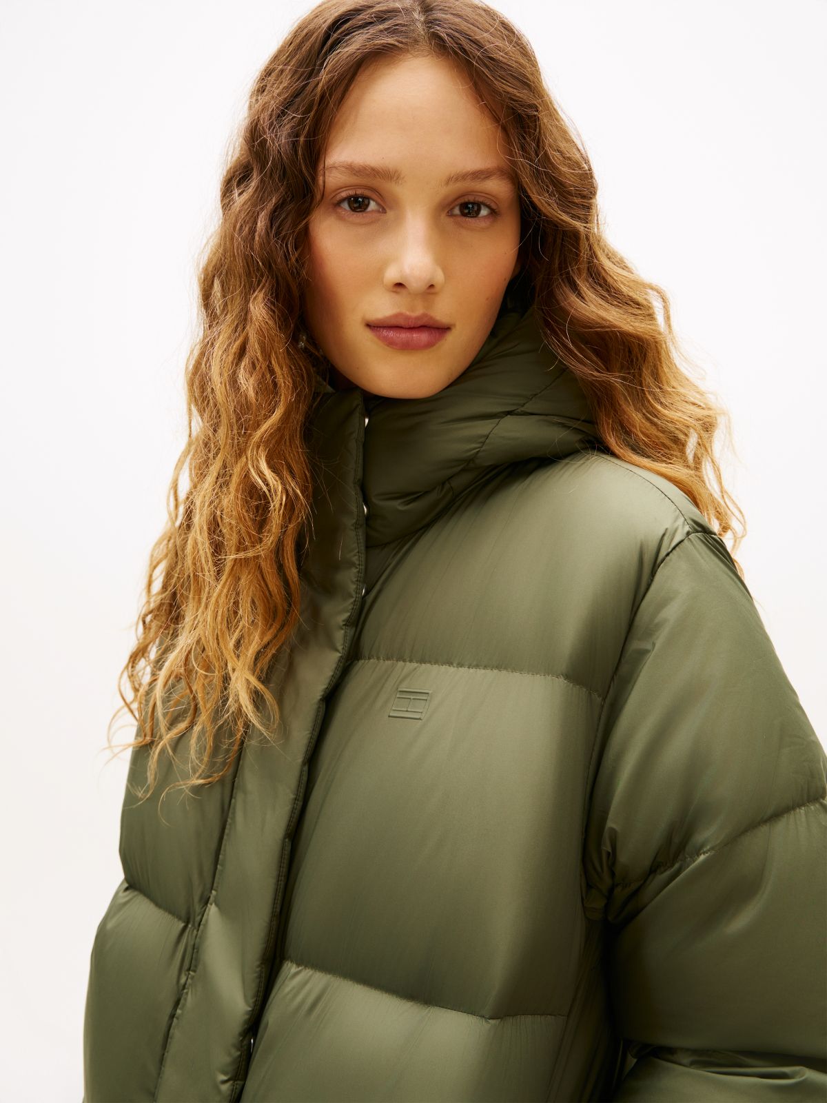 Down Hooded Longline Puffer Coat — Green