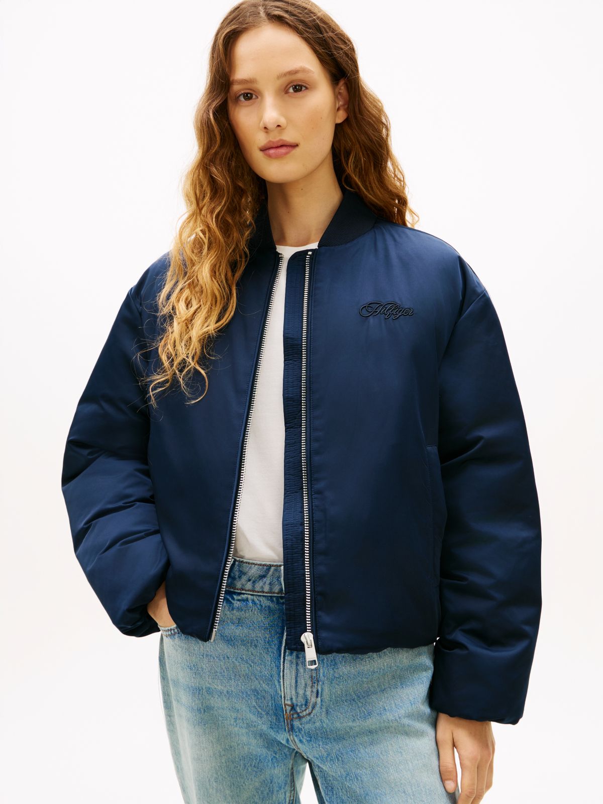 Padded Water Repellent Relaxed Bomber Jacket — Blue