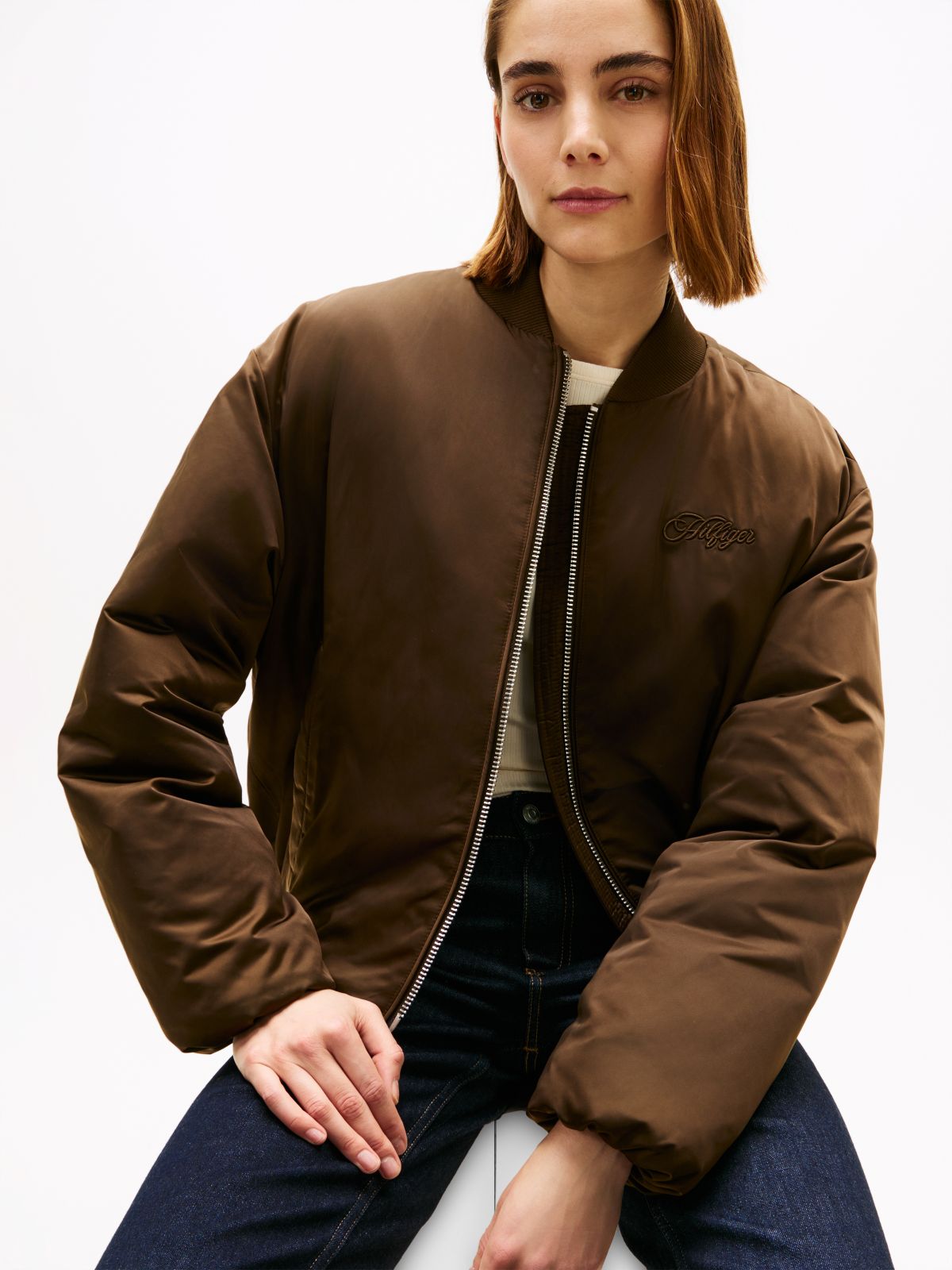 Padded Water Repellent Relaxed Bomber Jacket — Brown