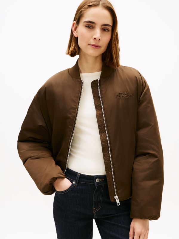 Padded Water Repellent Relaxed Bomber Jacket — Brown