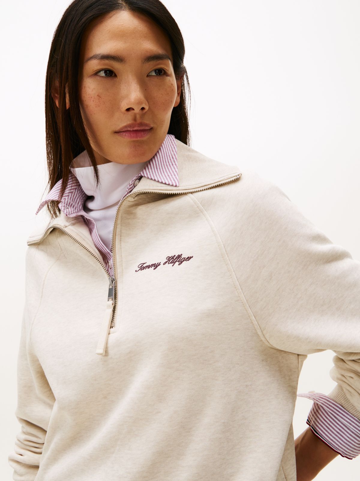 Interlock Knit Fleece Quarter-Zip Jumper — Beige