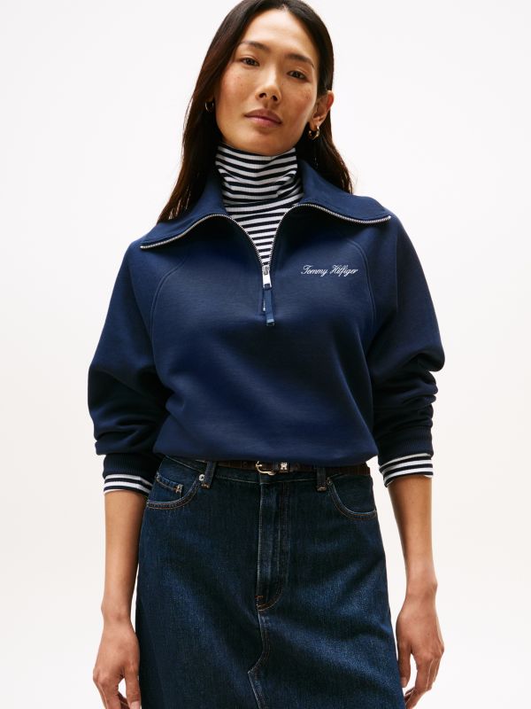 Interlock Knit Fleece Quarter-Zip Jumper — Blue