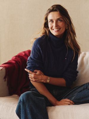 blue pure wool cable roll neck jumper for women tommy hilfiger