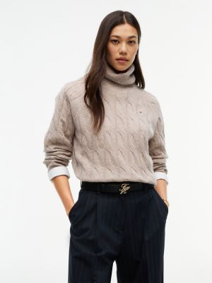 brown pure wool cable roll neck jumper for women tommy hilfiger
