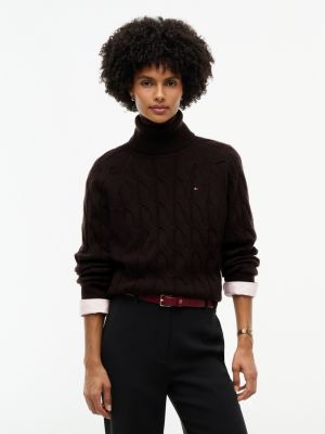 brown pure wool cable roll neck jumper for women tommy hilfiger