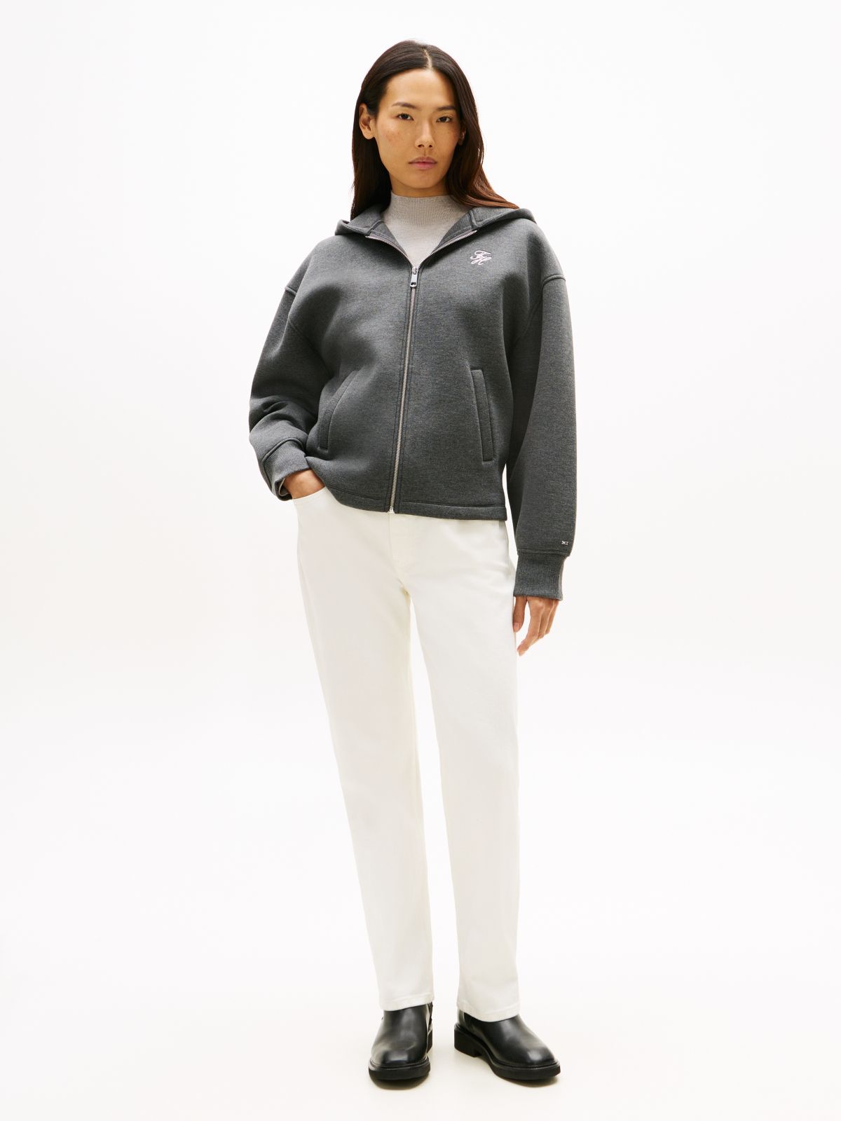 Logo Embroidery Zip-Thru Hoody — Grey