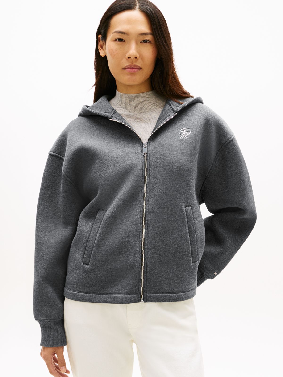 Logo Embroidery Zip-Thru Hoody — Grey