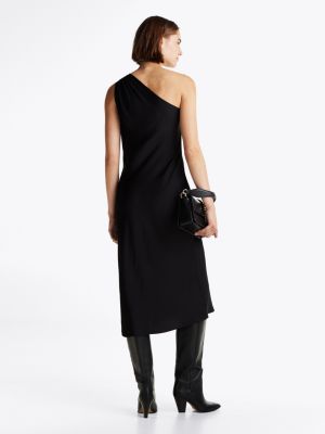 black satin one-shoulder midi dress for women tommy hilfiger